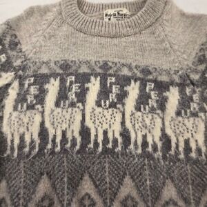 Violeta Sweaters Vintage Alpaca Llama Knit Sweater Handmade Peru Grey Cream M L